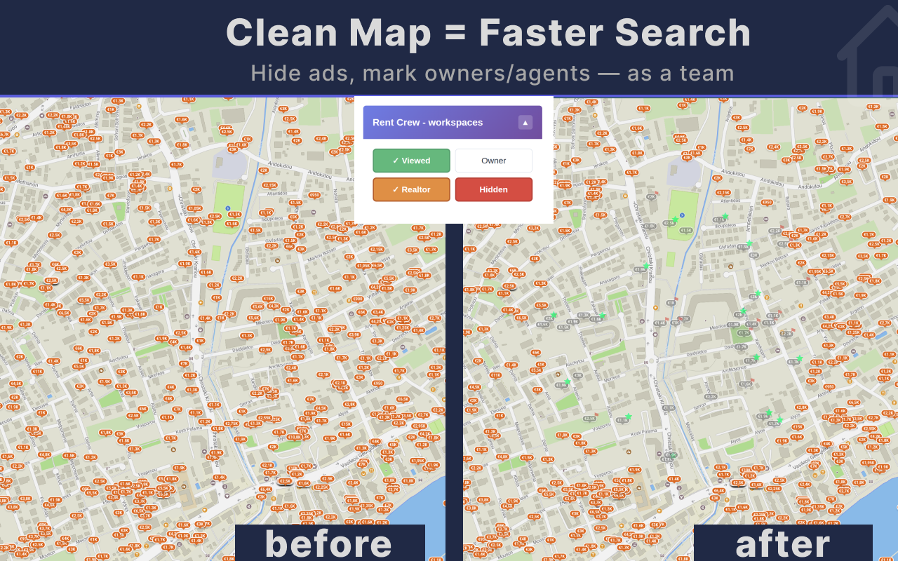 Bazaraki map before and after using RentCrew filters